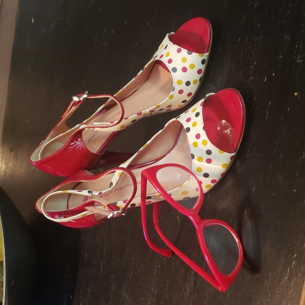 FORNARINA ITALIAN PATENT POLKA DOT AND RED HEELS size 39/8.5 NWOT Made in Italy.